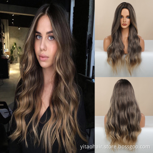 FZY  Anogol Synthetic Wig Ombre Blonde Brown Long Wigs Middle Part Hair Wig Daily Natural Wavy Heat Resistant Fiber for Women